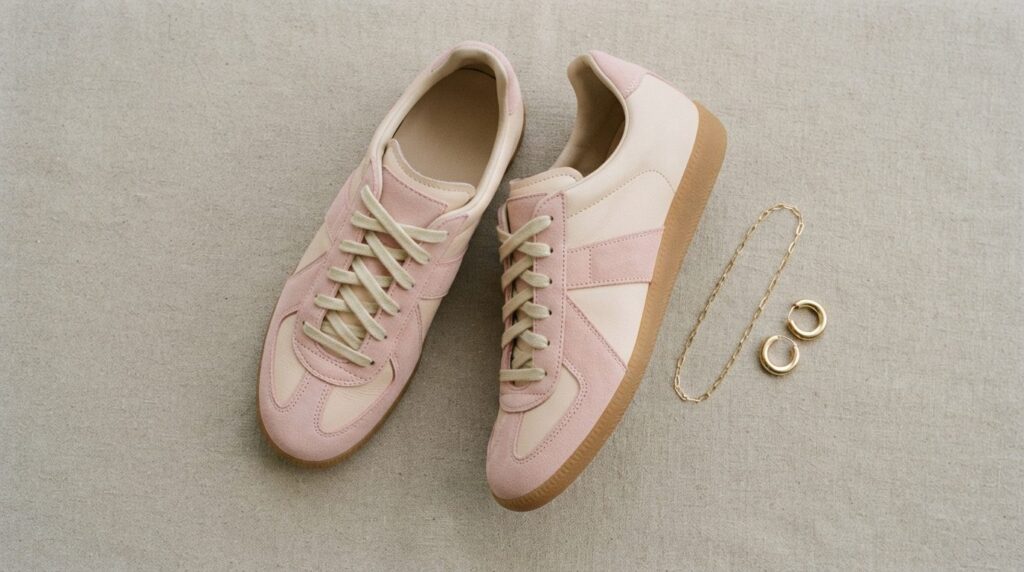 Close-up overhead flat lay photography of Adidas Samba sneak