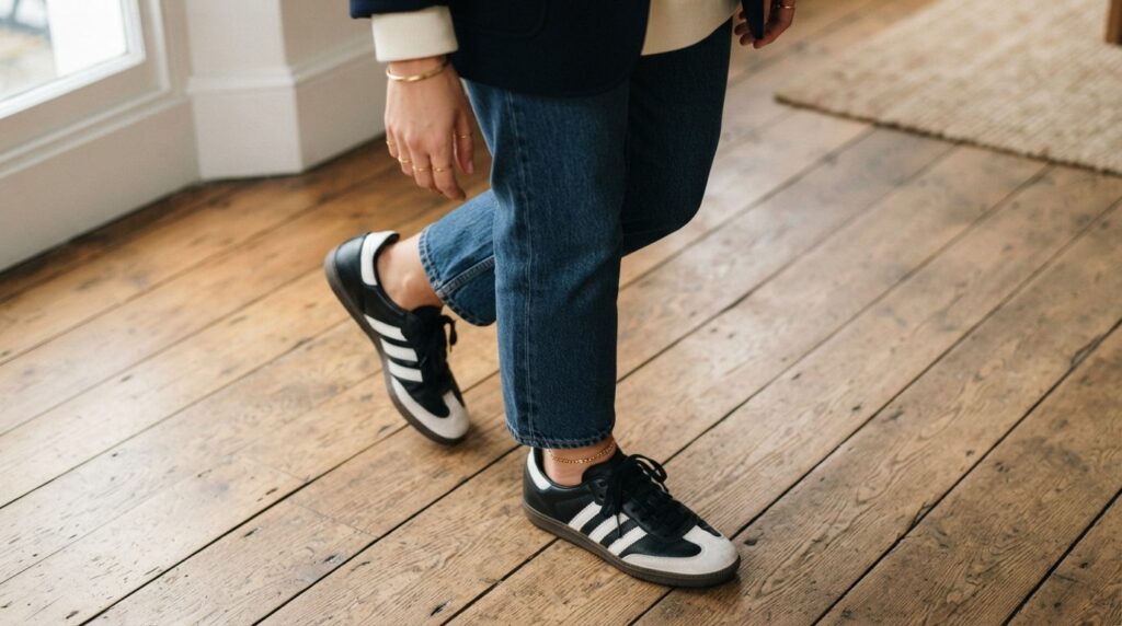 Lifestyle fashion shot of a womans feet wearing retro Adida