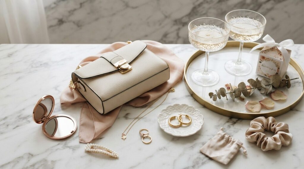 Flat lay photorealistic composition of bachelorette party st