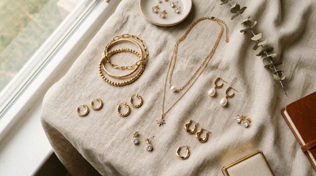 Flat lay overhead shot of affordable fashion jewelry alterna