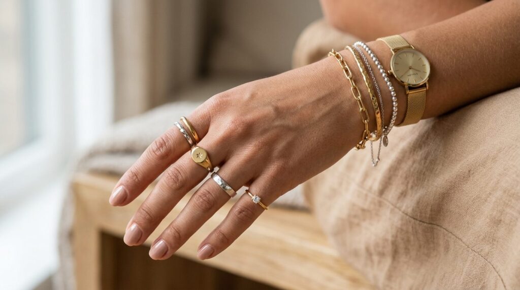 Close-up detail shot of a womans hand wearing budget-friend