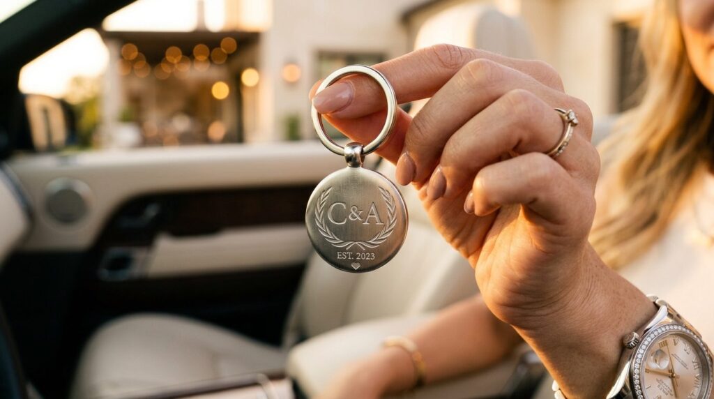 Close-up detail shot of an elegant engraved metal keyring wi