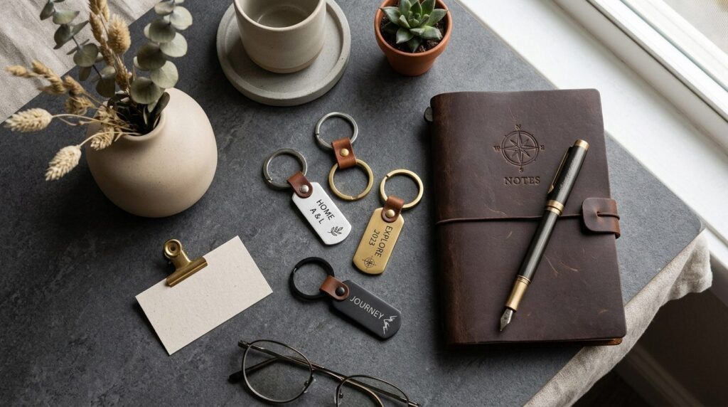 Lifestyle flat lay composition of personalized engraved keyr