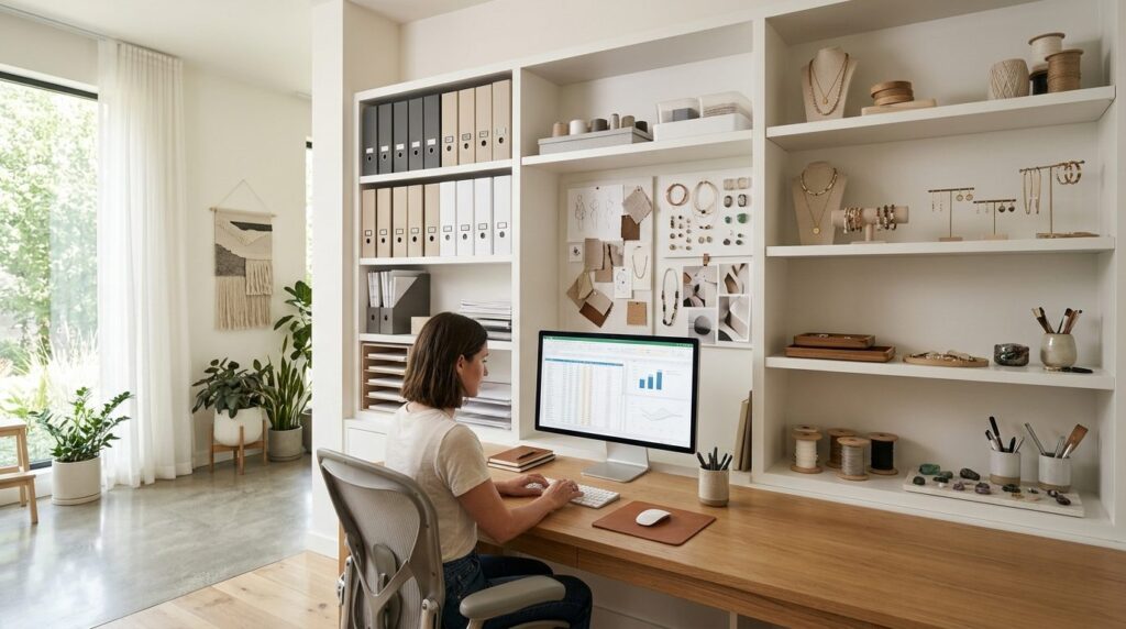 Wide angle shot of a modern home office studio space belongi