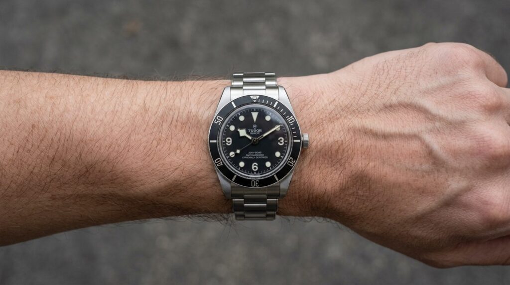 Close-up overhead shot of a mans wrist wearing a well-propor