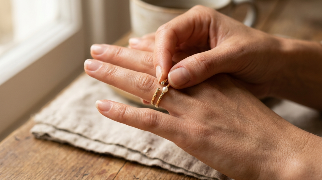 Close-up macro photography of a womans hand trying on an ad