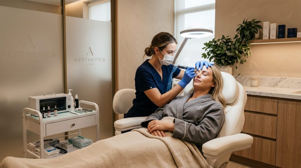 Luxury beauty clinic treatment room scene with a client rela