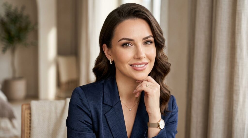Close-up beauty shot of a sophisticated woman with flawless