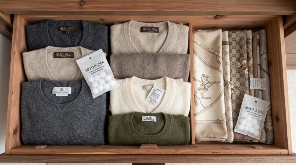 Flat lay composition of folded designer fashion items, cashm