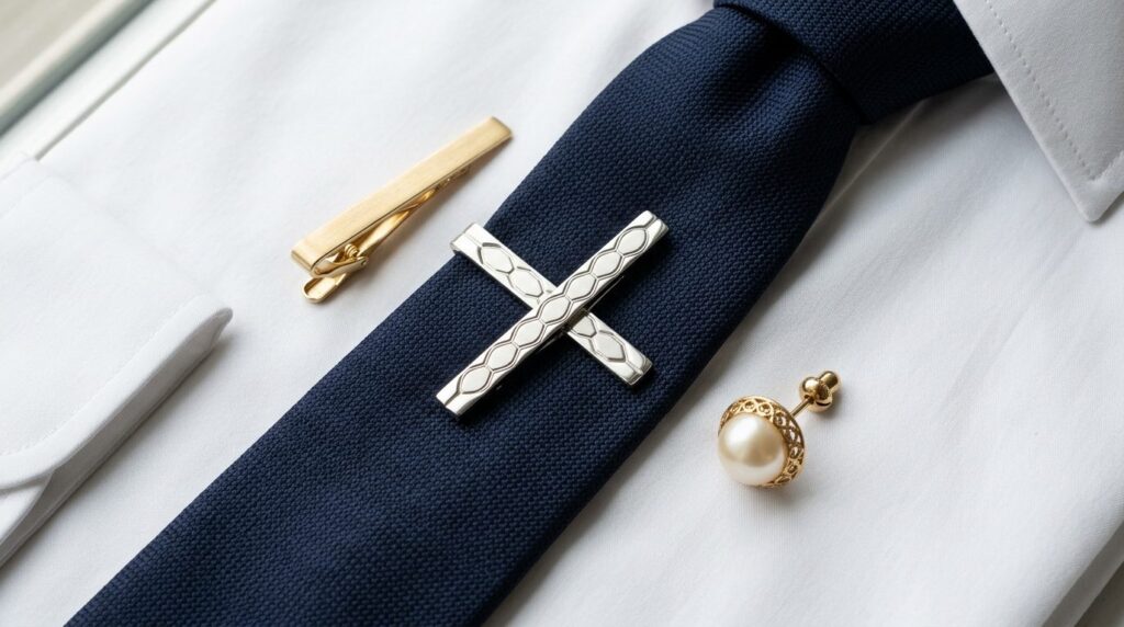 Elegant flat lay composition featuring three premium tie pin