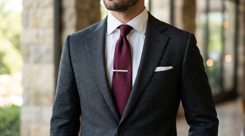 Refined detail shot of a gentlemans formal outfit showing a