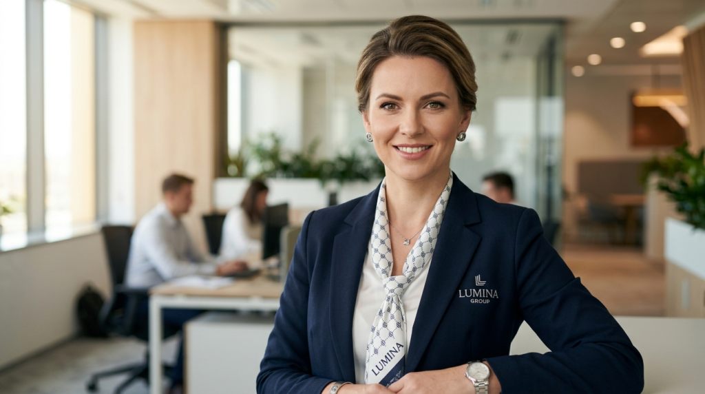 Close-up shot of a woman wearing professional branded corpor