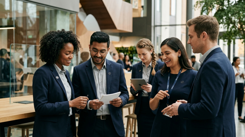 Dynamic lifestyle image of diverse professionals wearing coo