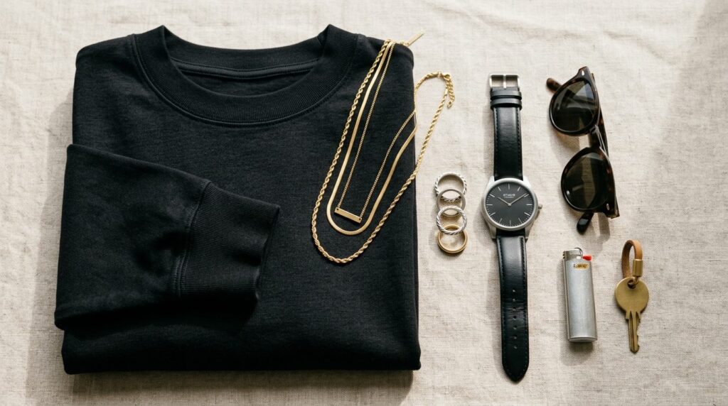 Close-up flat lay photography of black long-sleeve streetwea