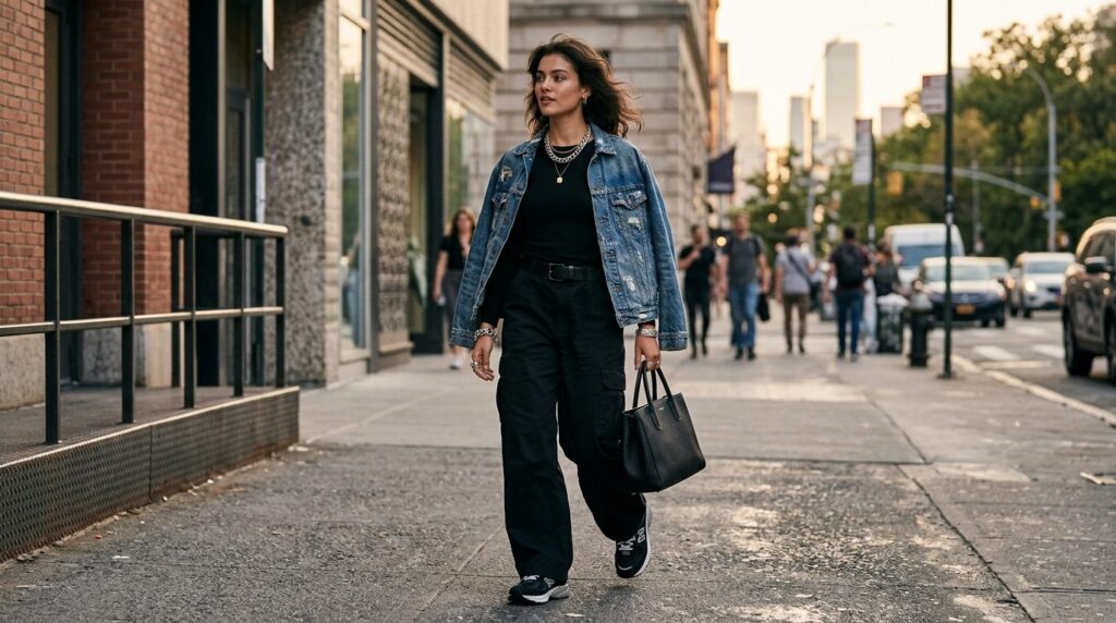 Street style fashion photography of a female model in an urb