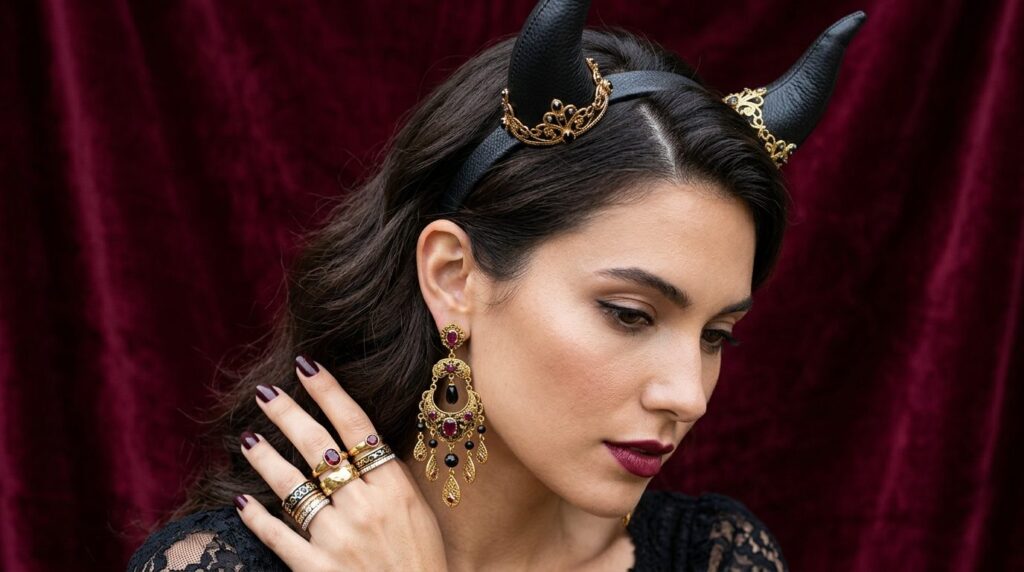 Close-up fashion detail shot of devil costume accessories in