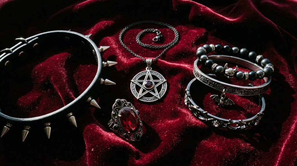 Flat lay luxury styling composition of devil costume jewelry