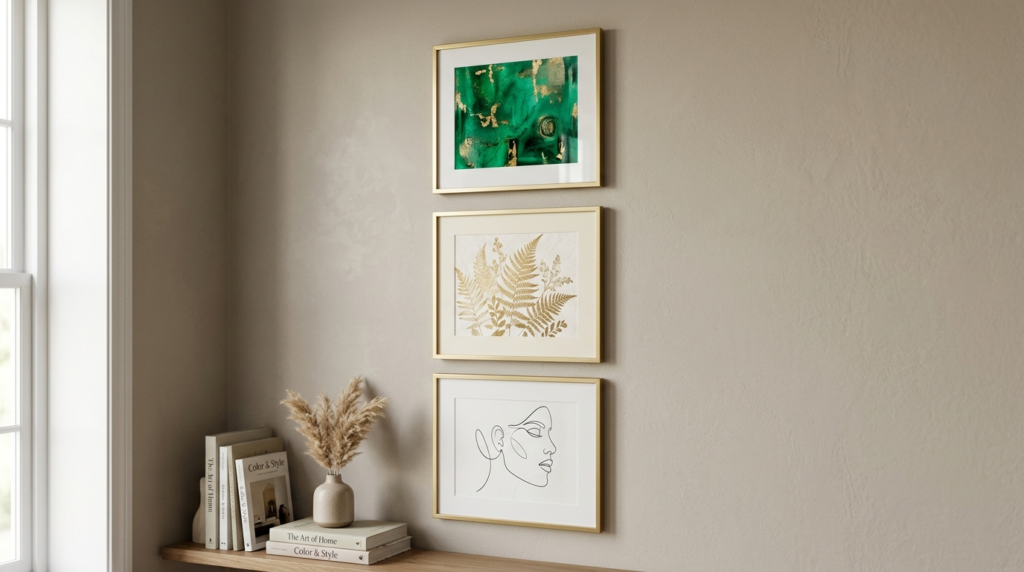 Close-up detail of a thoughtfully styled wall art arrangemen