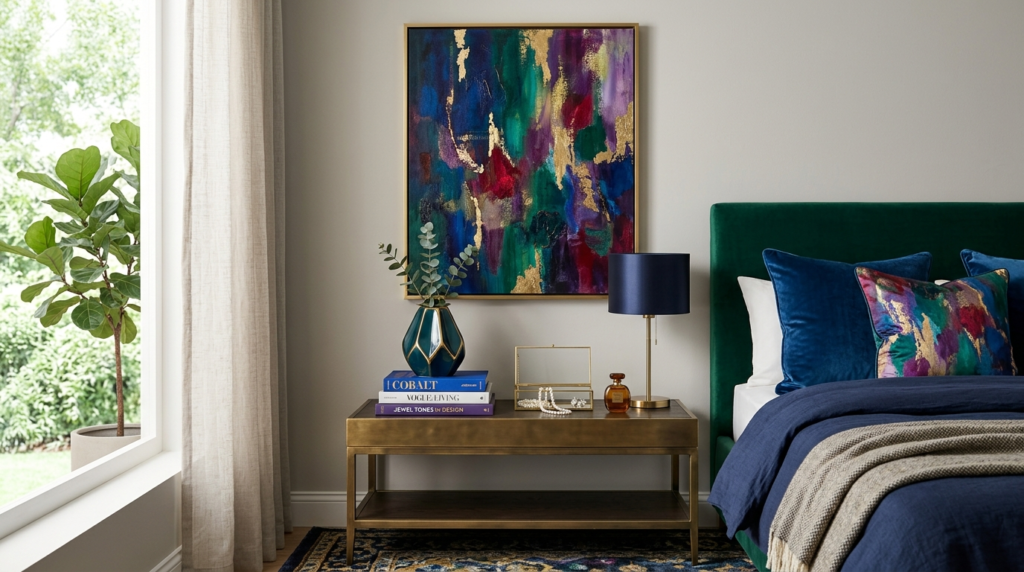 Elegant bedroom corner featuring a statement wall art piece