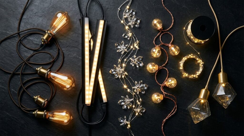 Overhead flat lay composition of various premium party light