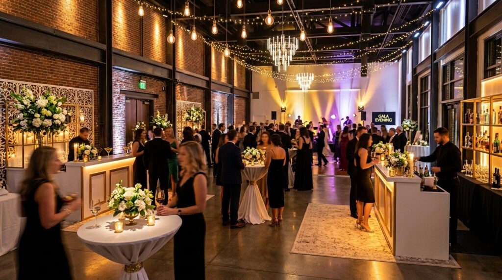 Wide shot of an upscale event space decorated with carefully