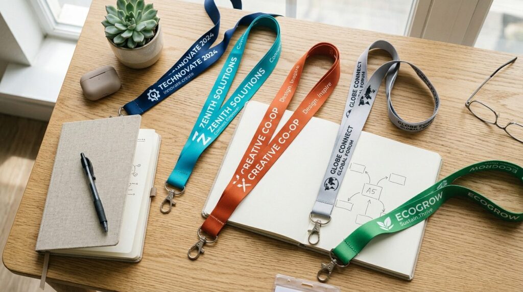 Flat lay overhead shot of printed lanyards arranged in a sca