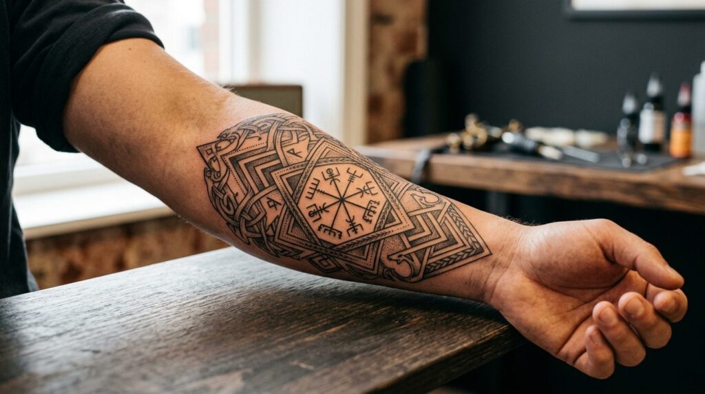 Close-up detail shot of a geometric Viking tattoo on a forea