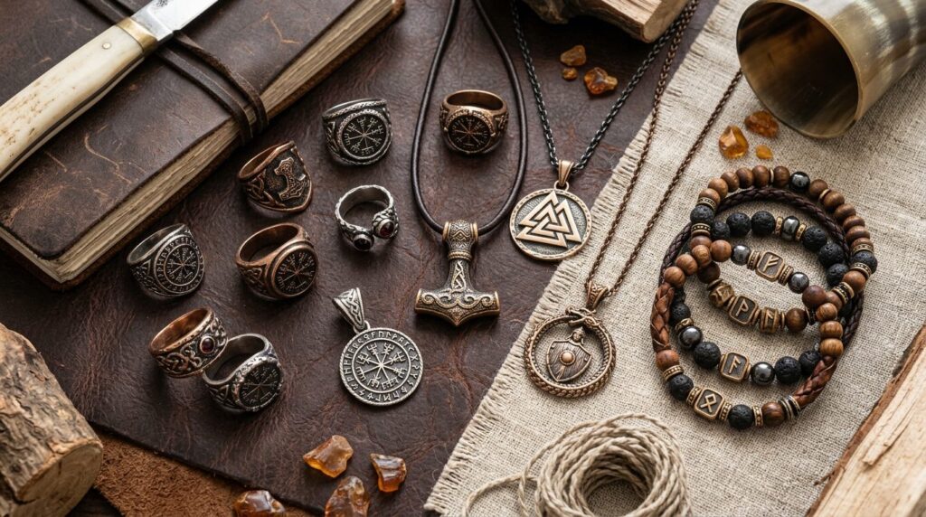 Flat lay composition of modern Viking-inspired jewelry colle